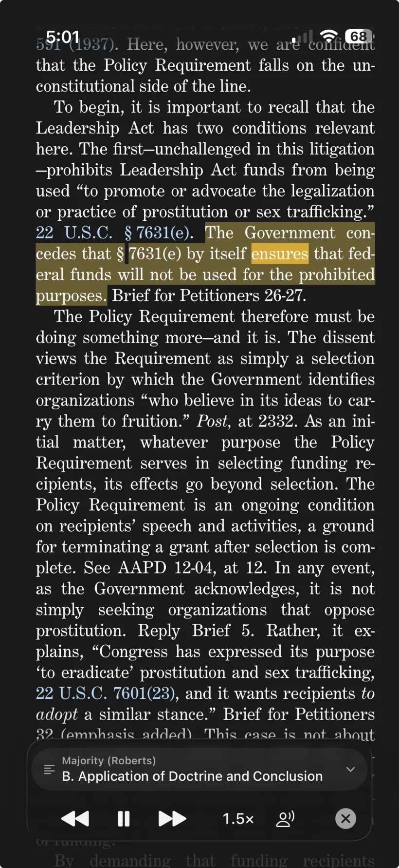 Case Viewer reading a Supreme Court opinion aloud on iPhone: the current sentence highlighted in yellow, with a floating player showing the section, transport controls, speed, and voice